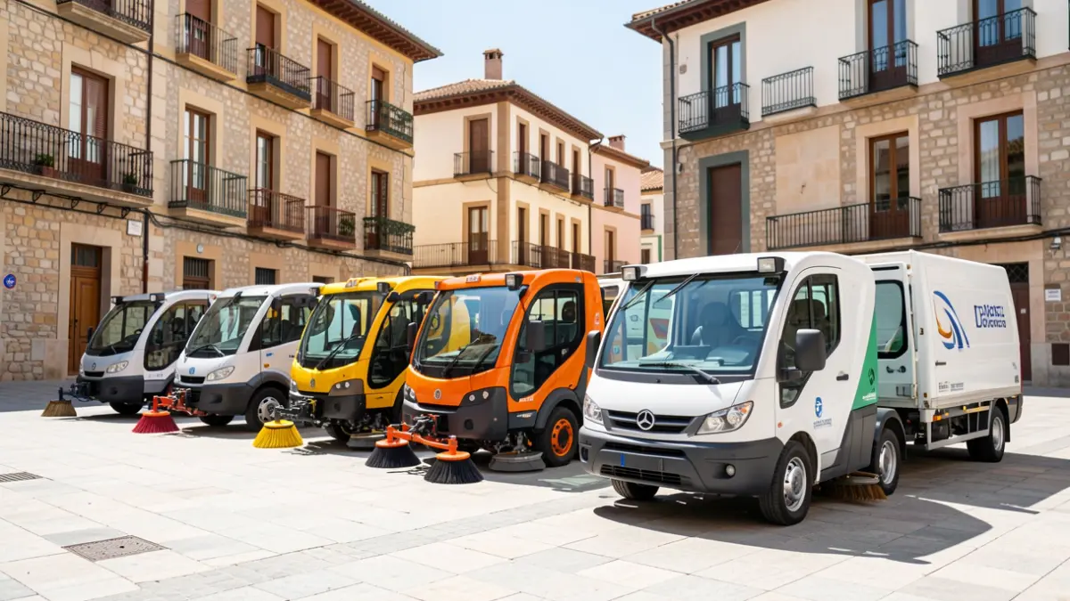 Una flota de nuevos vehículos de limpieza viaria aparcados en una plaza de Tarragona.