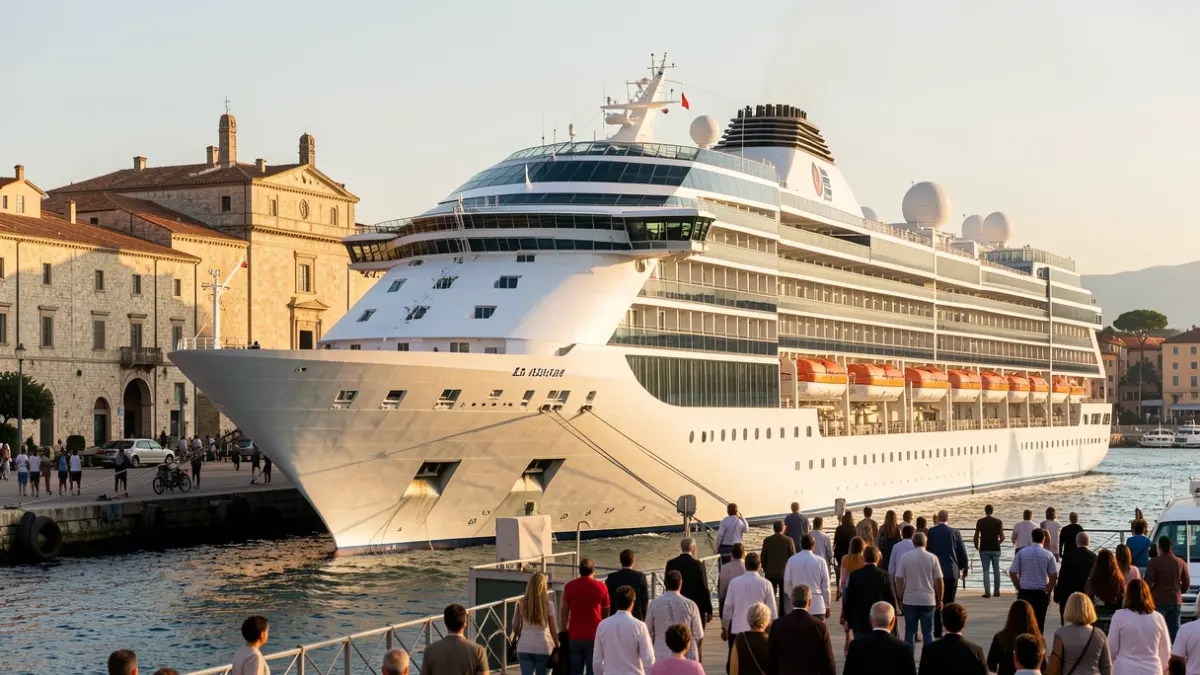 Generic image of a cruise ship docked at the port of Tarragona with the town hall in the background.