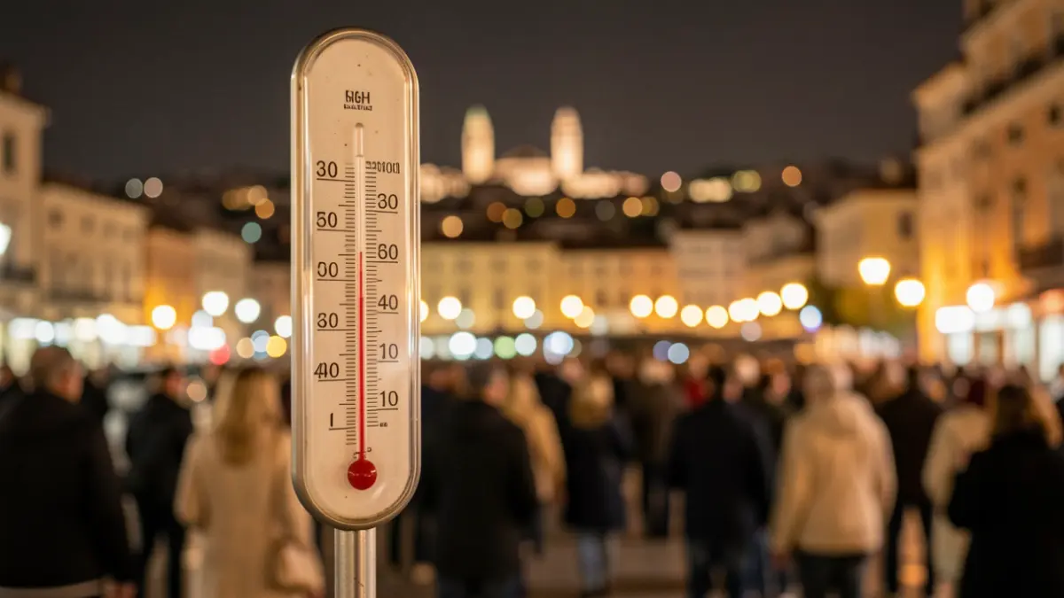 Termòmetre amb alta temperatura i ciutat mediterrània de fons a la nit.