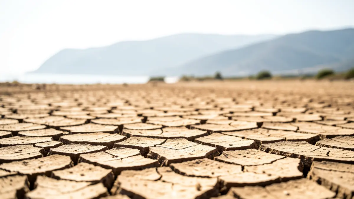 Dry, cracked earth under an intense sun, with a hazy Tarragona landscape in the background.