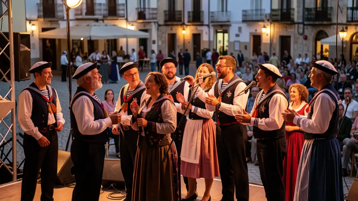 Generic image of a group of sea shanty singers performing outdoors at dusk.