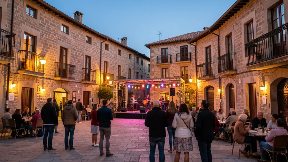 Catalan village square at dusk with a stage for a concert.