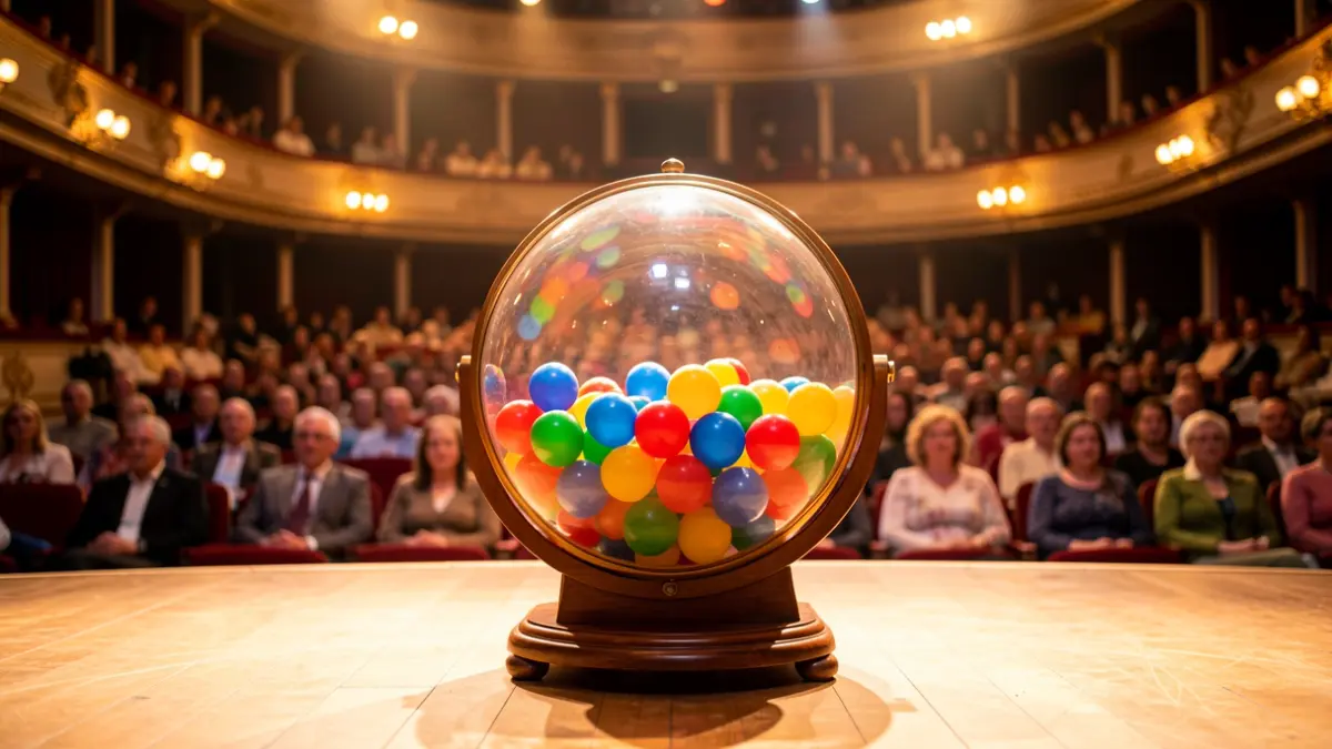 Escena de un espectáculo teatral con un bombo de rifa en el centro y luces de escenario.