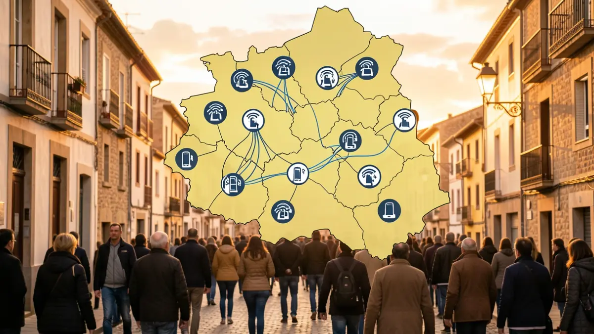 Mapa de Catalunya con zonas rurales destacadas e iconos de cobertura telefónica y fibra óptica.