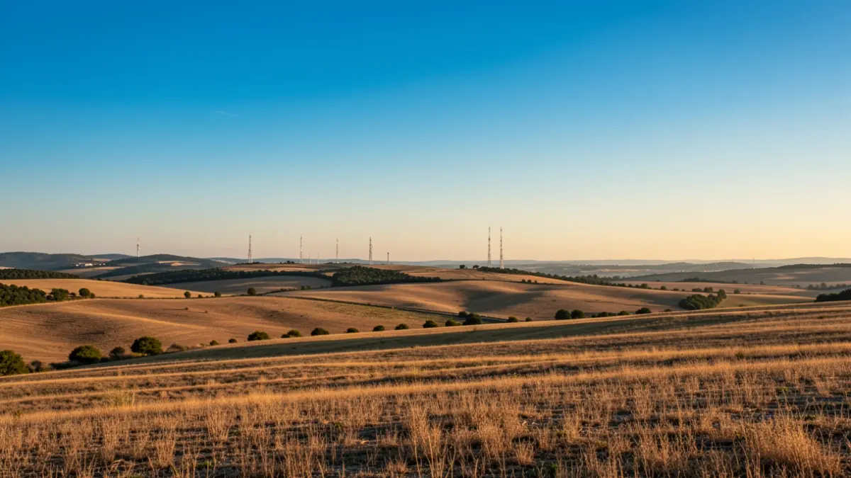 Paisatge obert a Catalunya amb cel blau i elements tecnològics discrets a la distància.