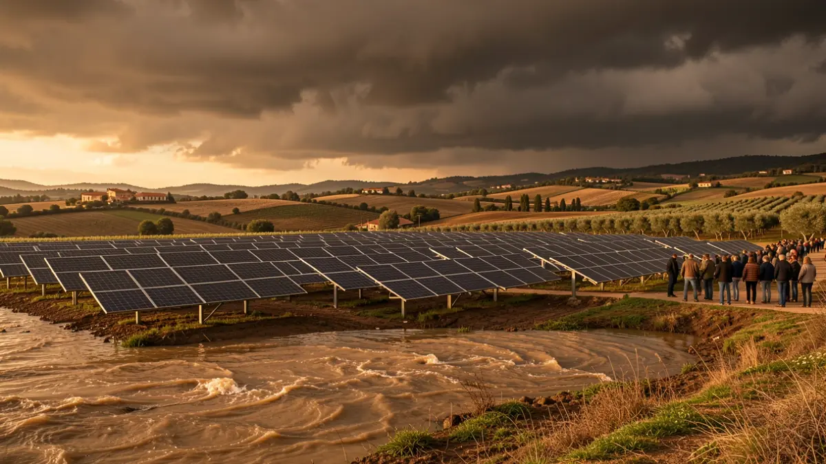 Generic image of a solar farm with storm clouds and signs of flooding.
