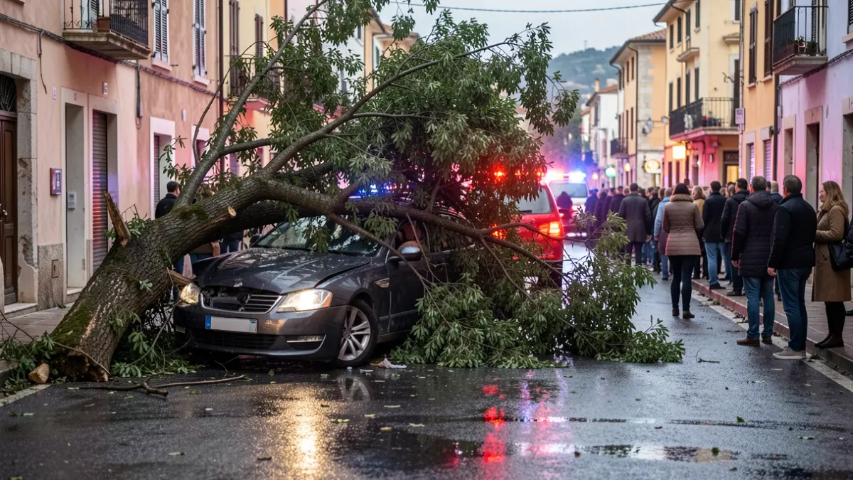 Un cotxe aixafat sota un arbre caigut a Vilanova de Prades durant una tempesta.