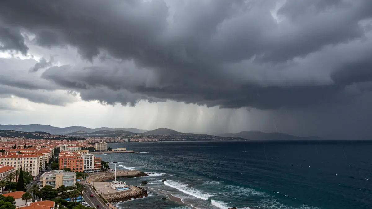 Cel tempestuós sobre la costa catalana amb pluja intensa.