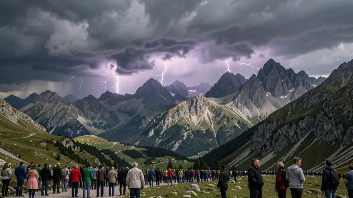 Intense storm over the Pyrenean mountain landscape with lightning.