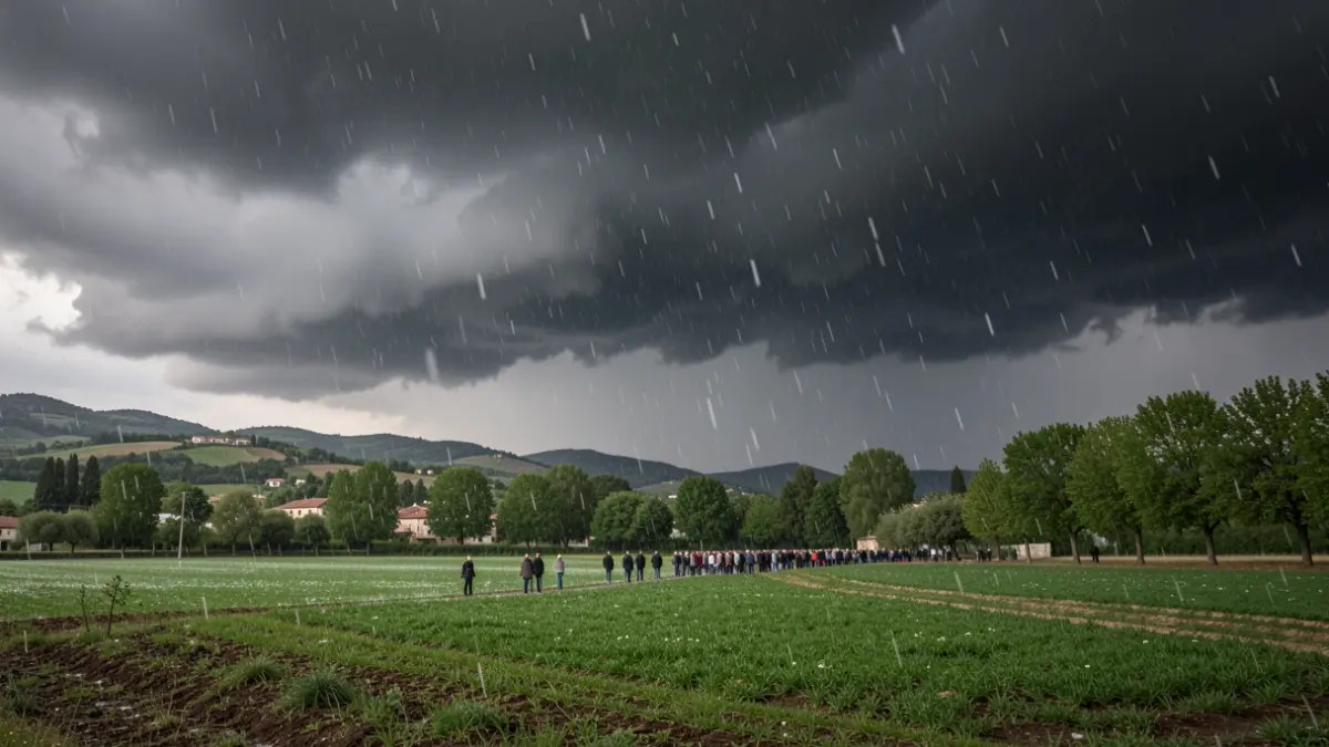 Darkened sky from a storm with hailstones falling on green fields in Catalunya.
