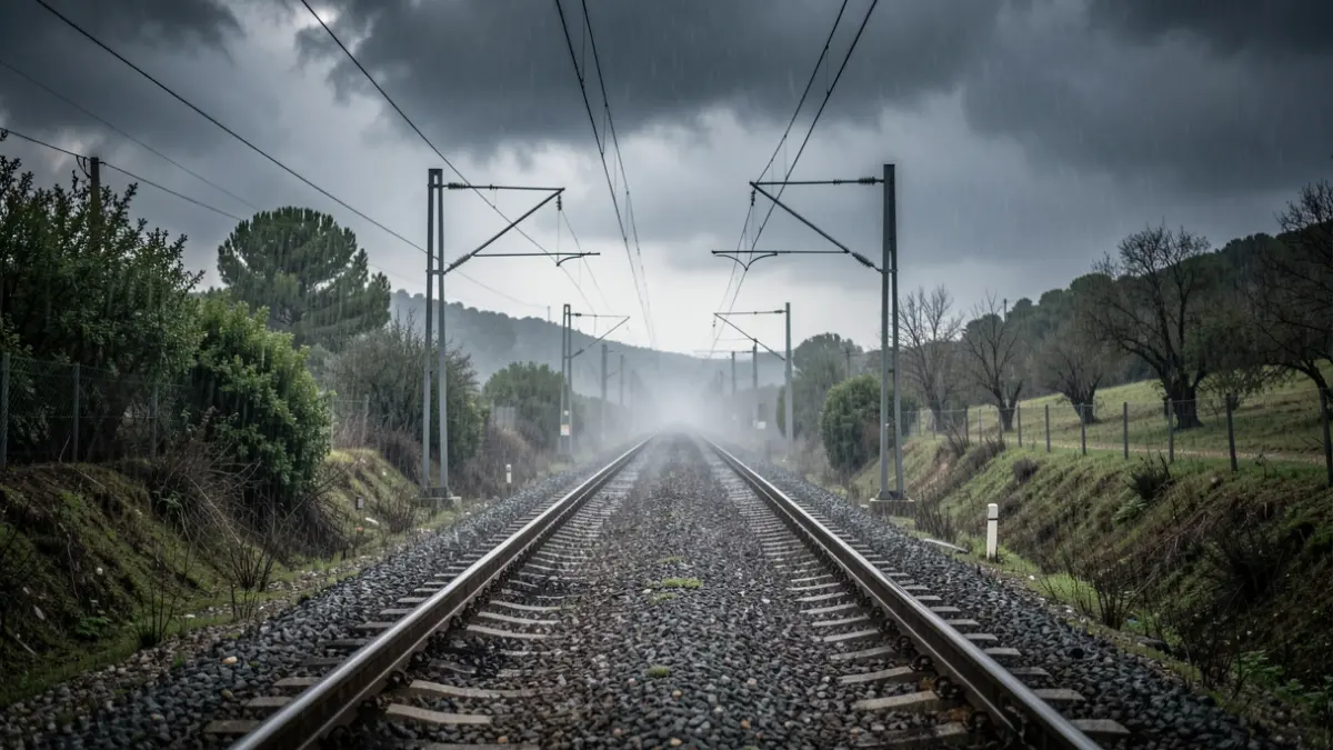 Imagen genérica de temporal de lluvia sobre vías de tren en Catalunya.