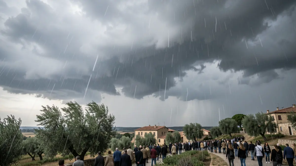 Generic image of storm clouds with heavy rain over a Mediterranean landscape.