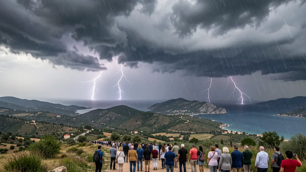 Generic image of storm clouds over a Mediterranean landscape.