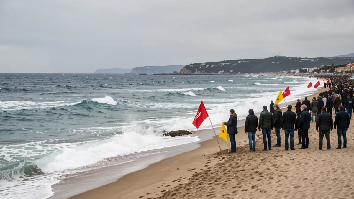 Imatge genèrica de la costa tarragonina amb onades i banderes de perill.