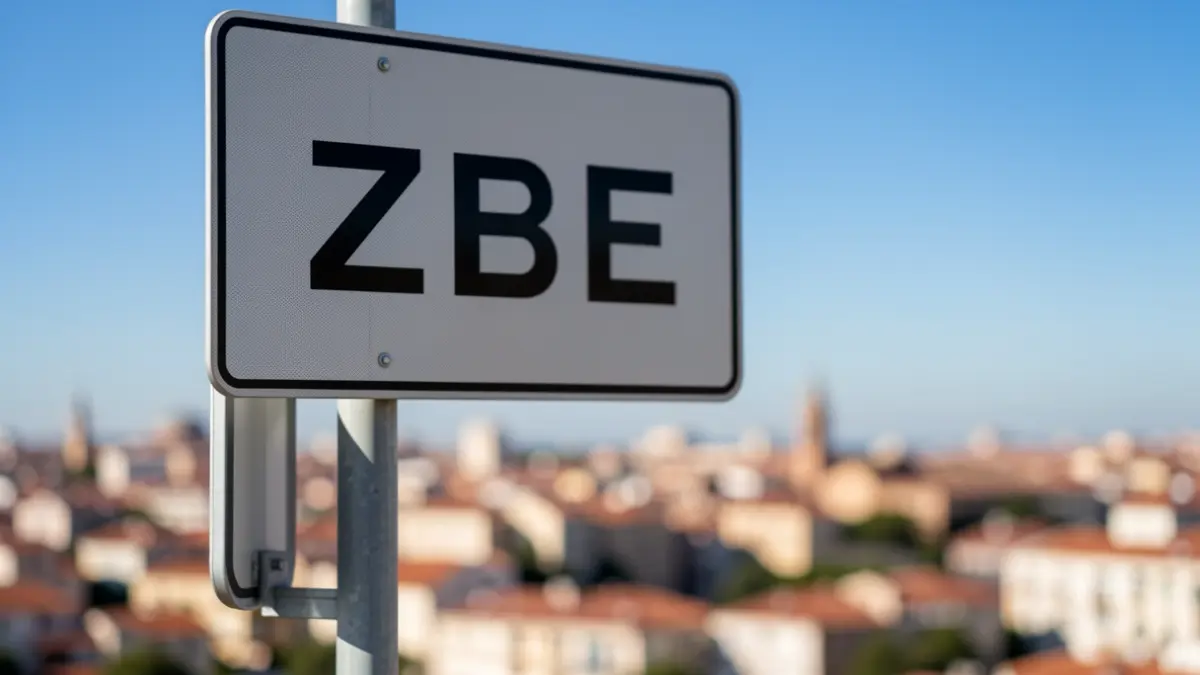 Señal de Zona de Bajas Emisiones (ZBE) en Cataluña con la silueta de una ciudad al fondo.