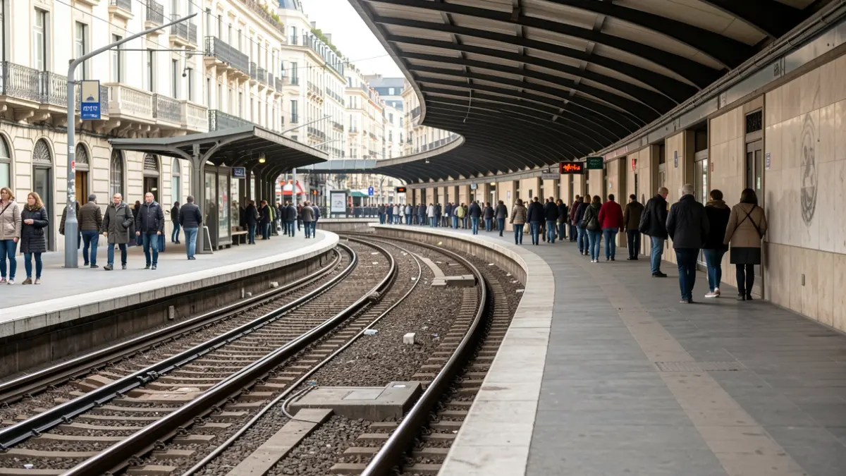 Empty metro platform in Barcelona with tracks disappearing into the distance.