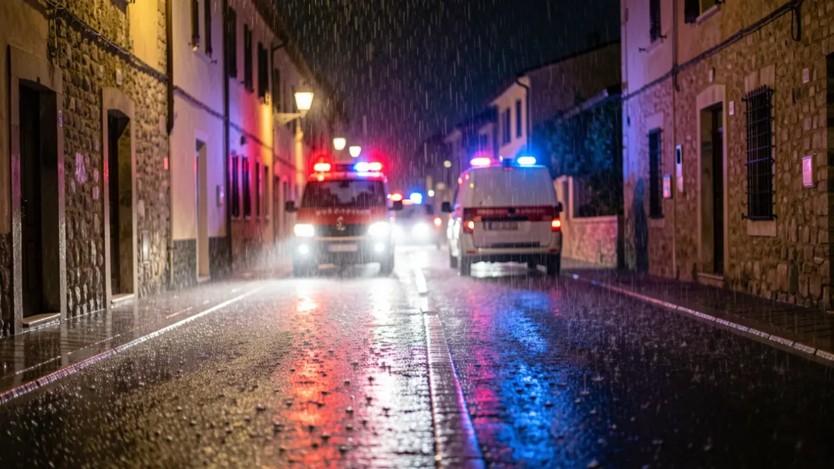 Imagen genérica de lluvia intensa con luces de emergencia.