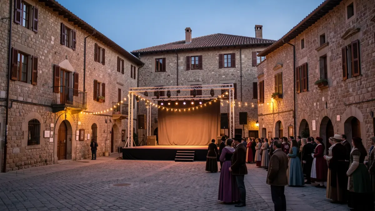 Scene of a medieval Catalan town at dusk with a stage set up for a theatrical performance.