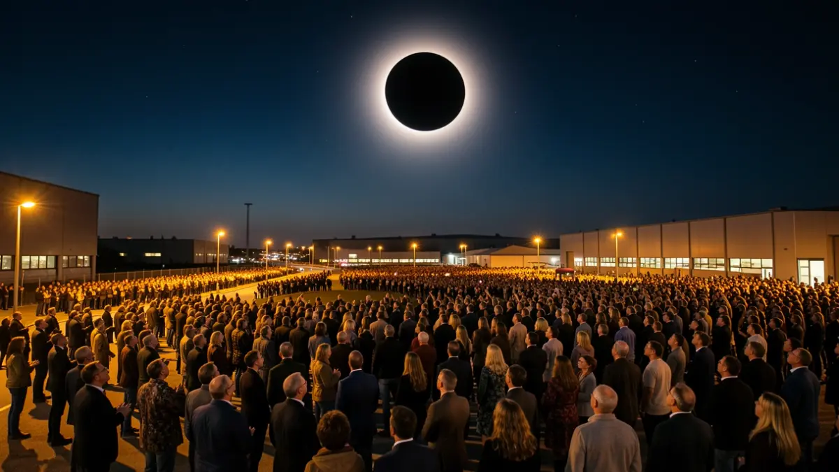 Vista d'un gran grup de persones observant un eclipsi solar total en un polígon industrial al capvespre.