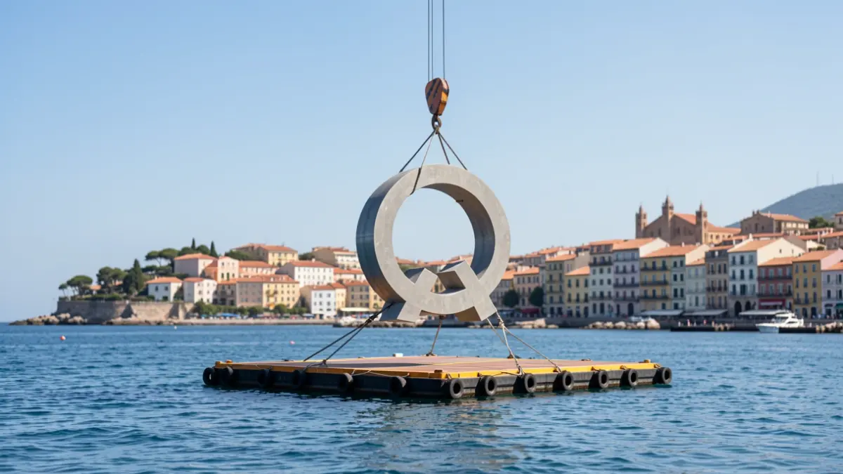 Instal·lació de la rèplica de l'escultura Alfa i Omega a Torredembarra mitjançant una pontona i una grua.