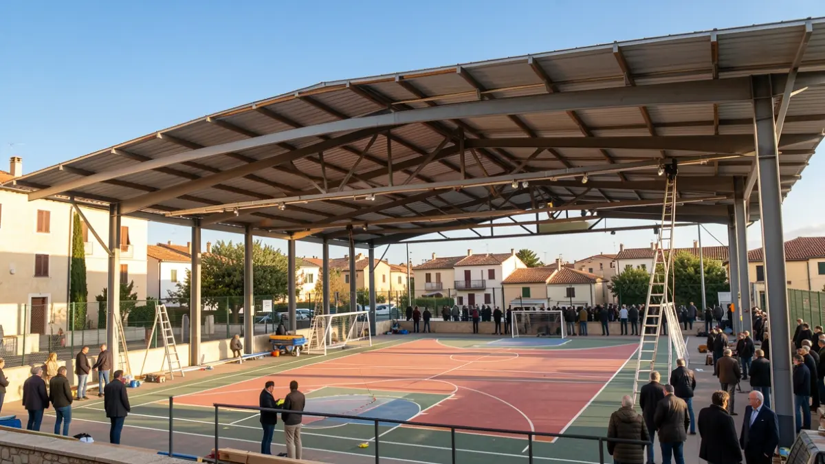 Obras de una nueva cubierta sobre una pista polideportiva exterior en Tortosa.