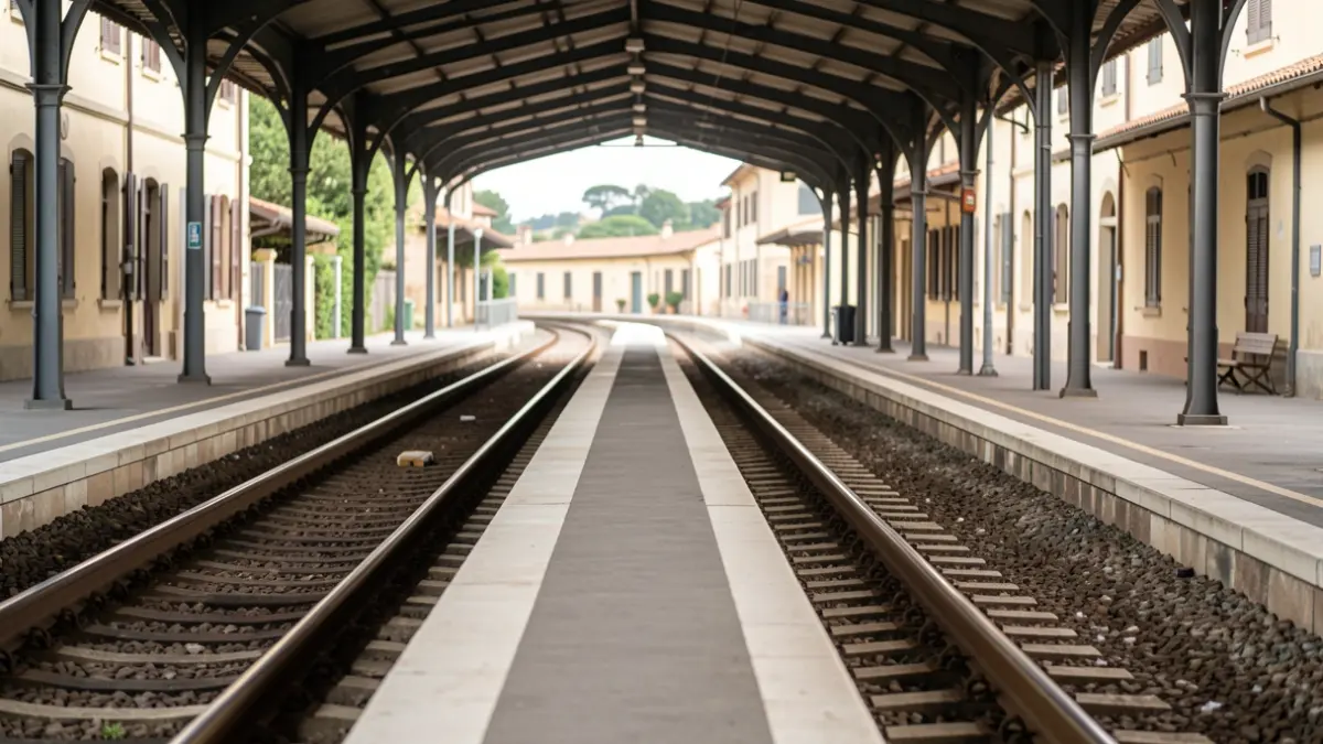 Imagen genérica de un andén de estación de tren vacío con luz diurna.