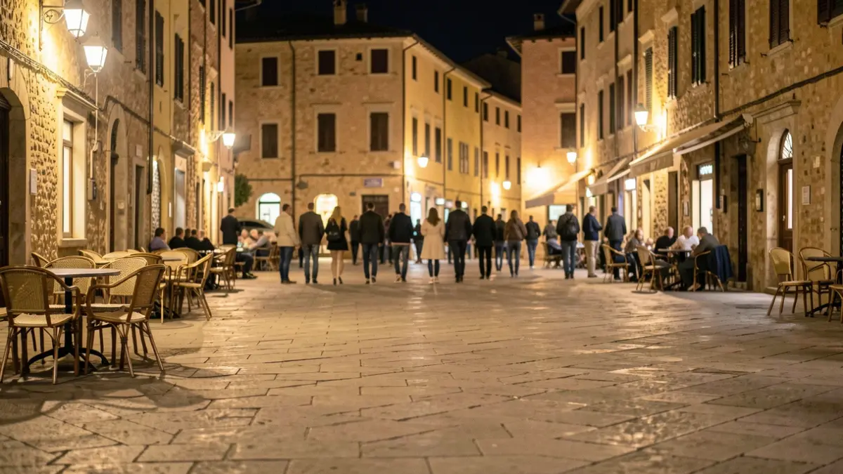 Generic image of a Mediterranean town square at night.