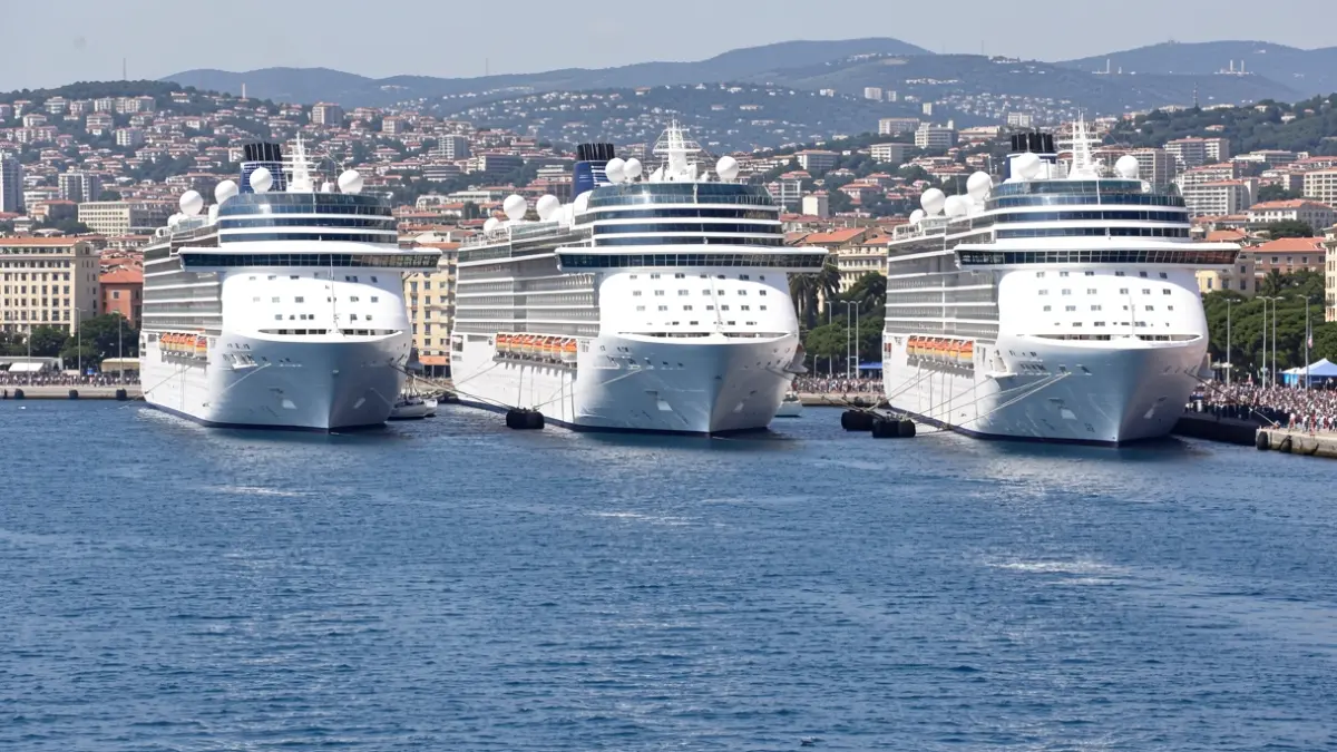 Tres grandes cruceros amarrados en el puerto de Tarragona con un cielo azul y la ciudad al fondo.