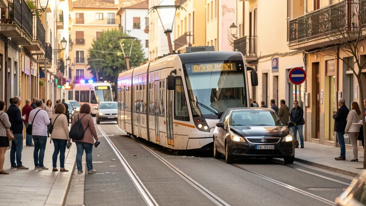 Un tram descarrilat a Sant Just Desvern després d'un accident amb un cotxe.