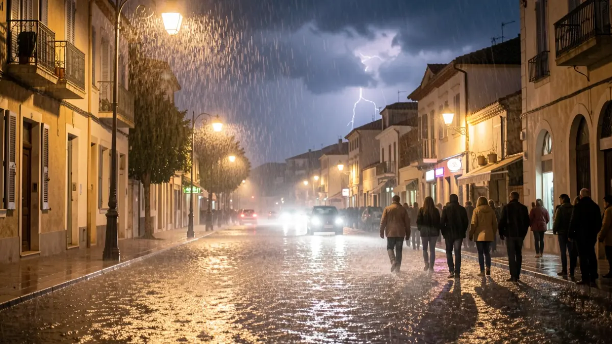 Imatge genèrica de pluja torrencial a una ciutat costanera mediterrània de nit.