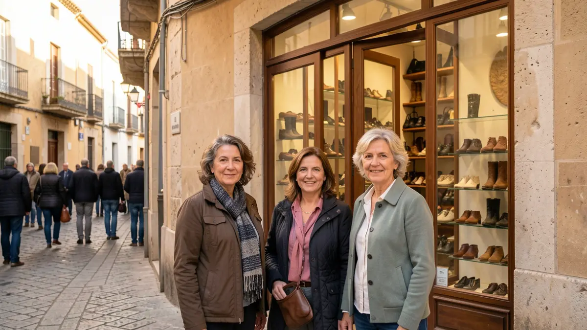 Tres dones de diferents generacions davant d'una botiga de calçat tradicional a Manlleu.