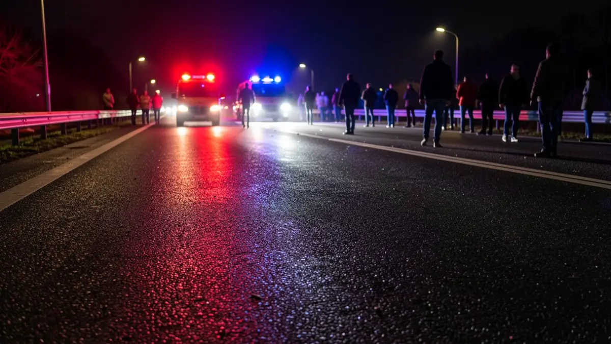 Imatge genèrica de llums d'emergència reflectint-se en un asfalt mullat a la nit.