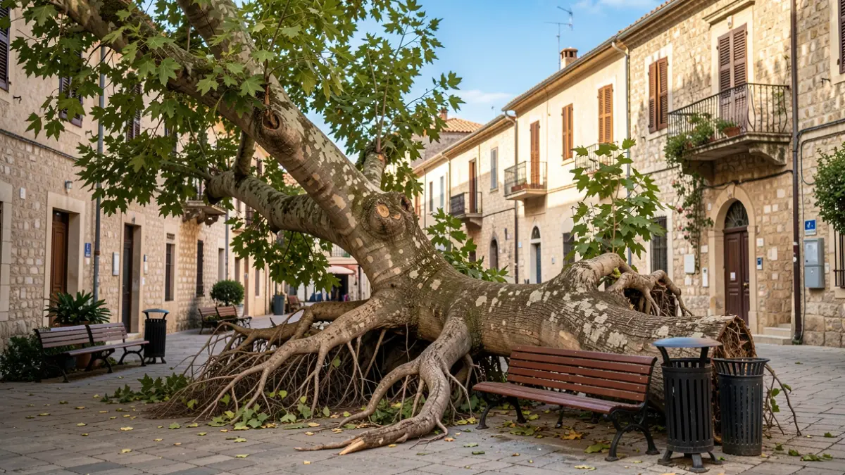 A fallen tree in Plaça del Carme, Valls, on top of urban furniture.