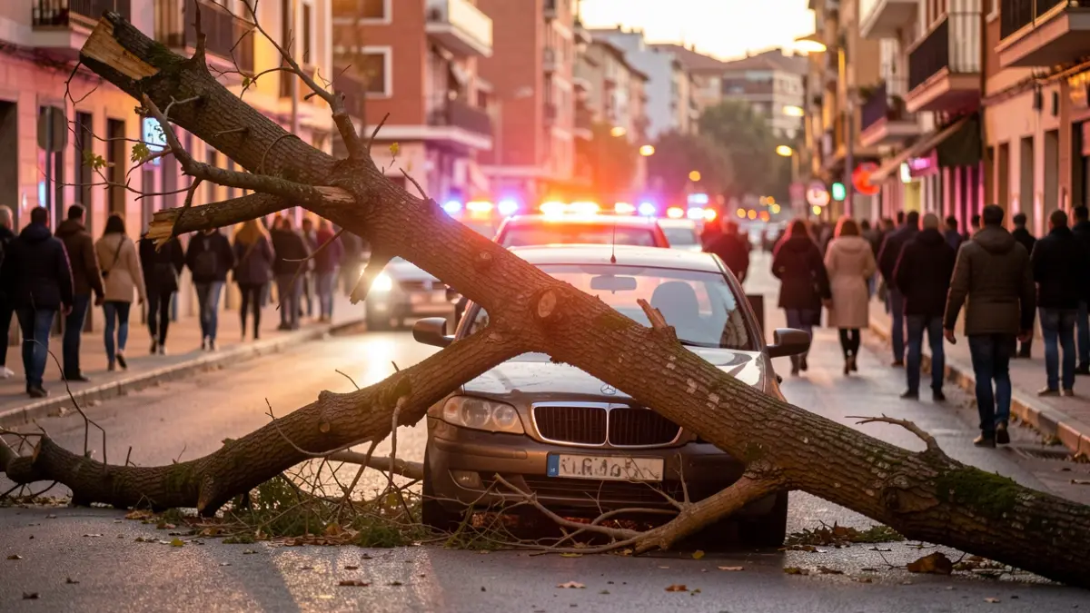 A fallen tree on a car in Terrassa with emergency lights.