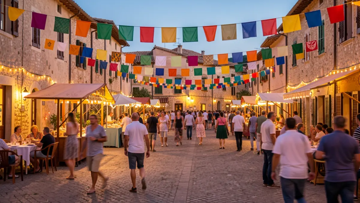 Generic image of a town square decorated for a local festival.