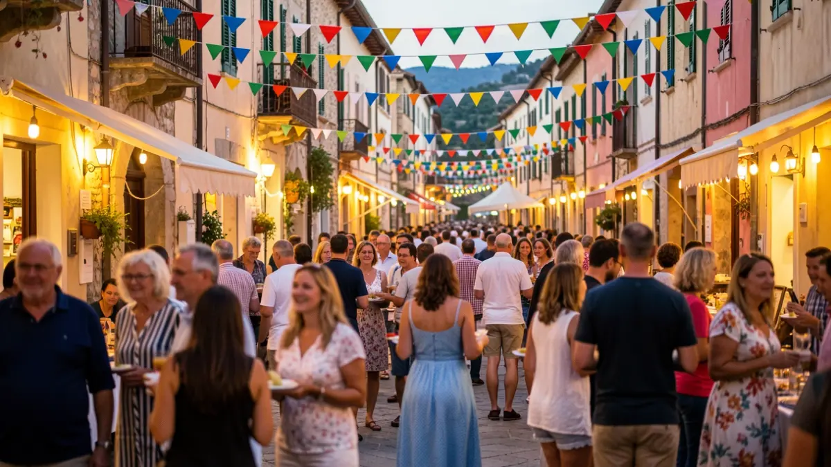 Generic image of a street festival with people and decorations.