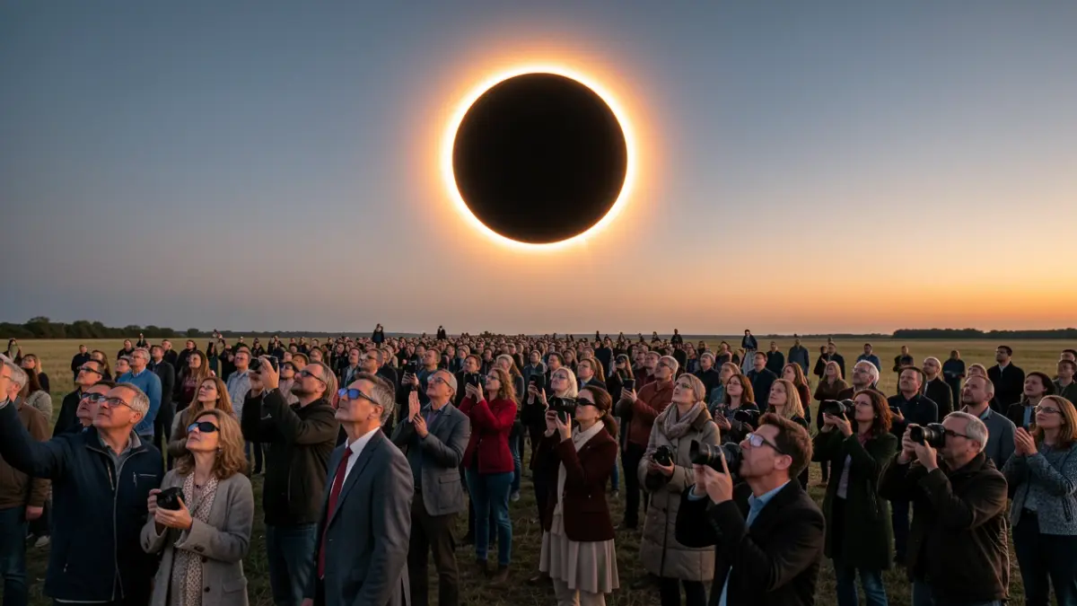 Generic image of a total solar eclipse viewed by a crowd.