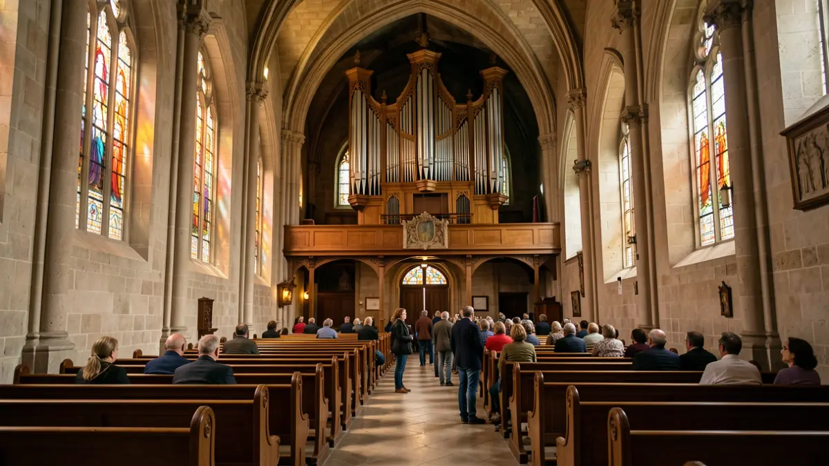 Interior de una iglesia histórica en Catalunya con un gran órgano de tubos y bancos vacíos.