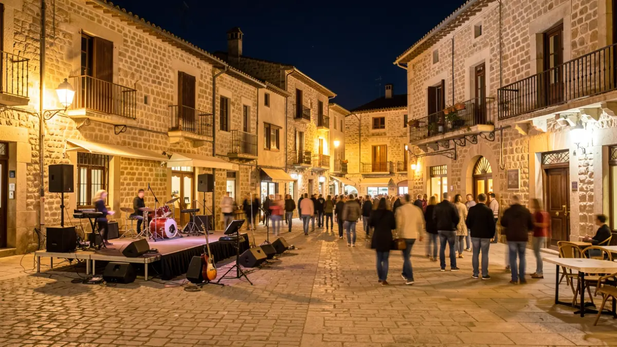 Imagen genérica de una plaza mediterránea de noche con un escenario y gente disfrutando de un ambiente festivo.