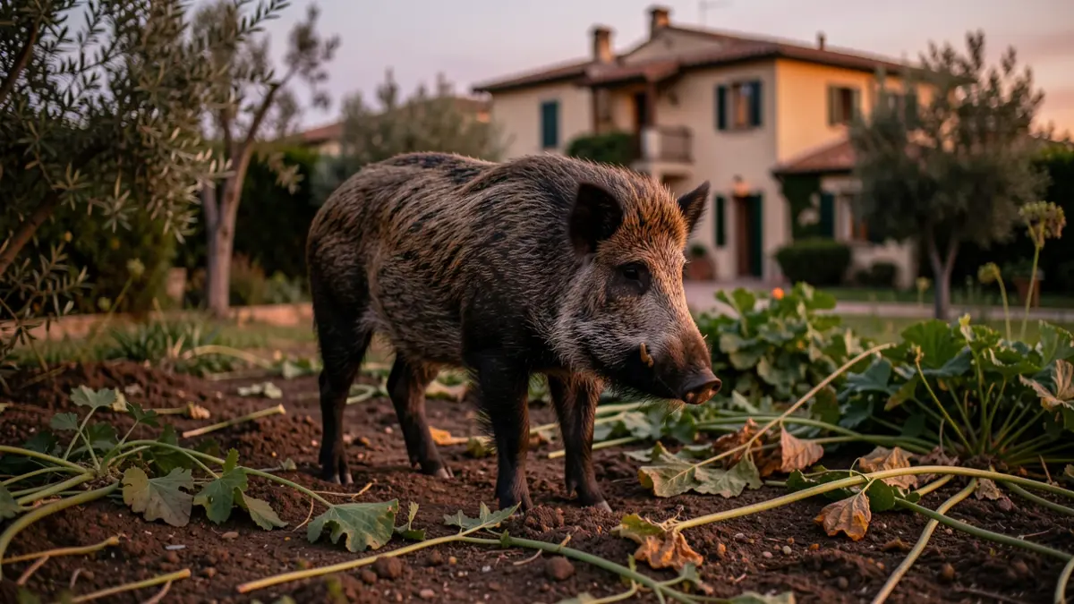 Un porc senglar en un jardí residencial de Mont-roig del Camp amb plantes danyades.