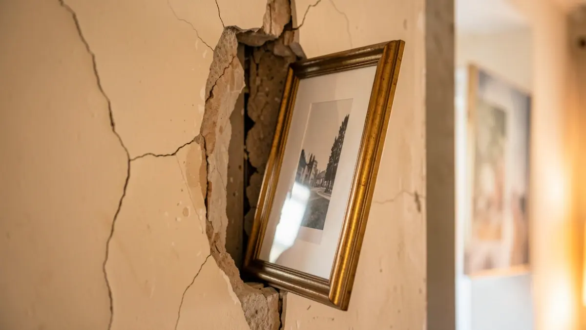 Image of an interior wall with cracks and a tilted picture, indicating structural damage.