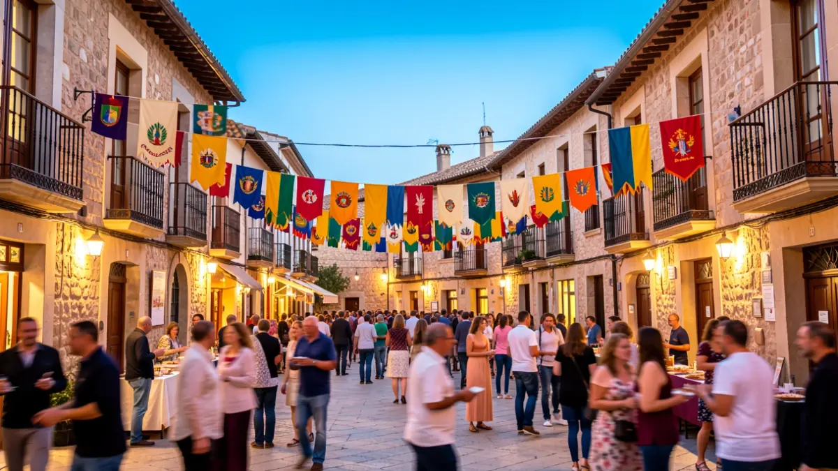 Generic image of a Catalan town square during a local festival, with banners and celebrating people.
