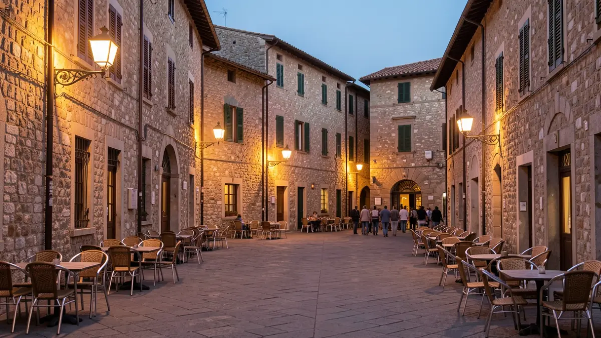 Imagen genérica de una plaza de pueblo mediterráneo al atardecer.