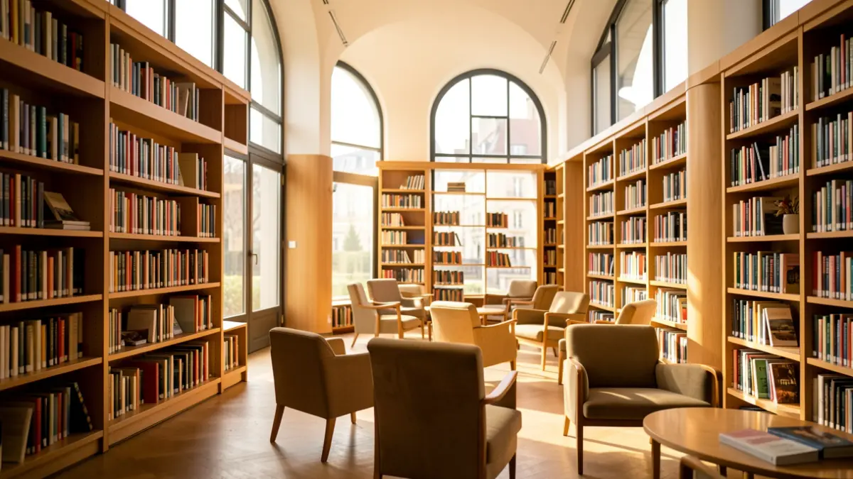 Imatge genèrica d'una biblioteca moderna amb llum natural.