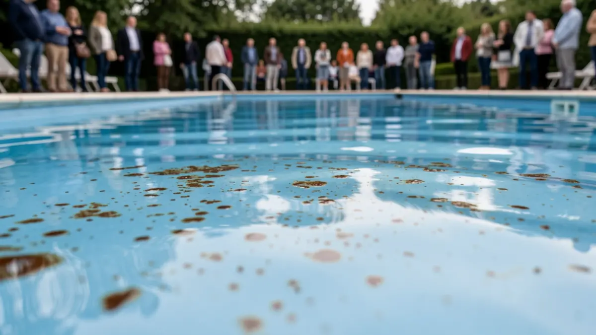Agua de piscina con partículas marrones.