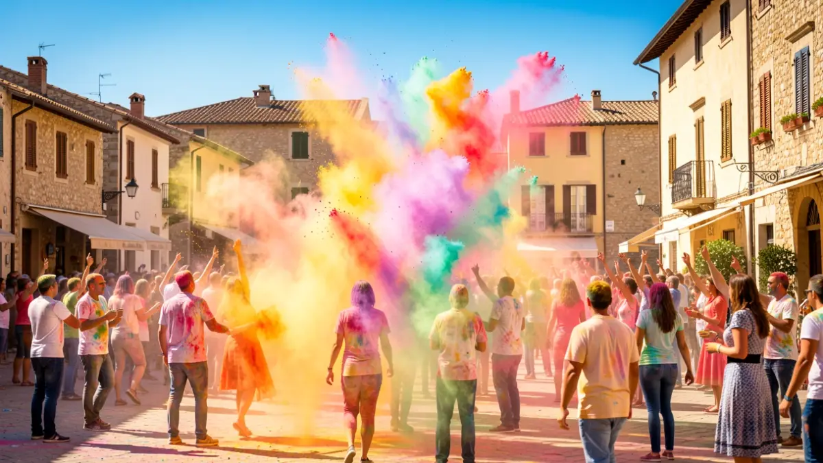 Explosion of colored powders during the Holi festival in the Vilamalla square.