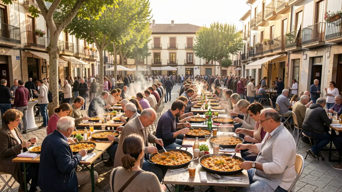 Imagen genérica de una plaza llena de gente cocinando paellas.