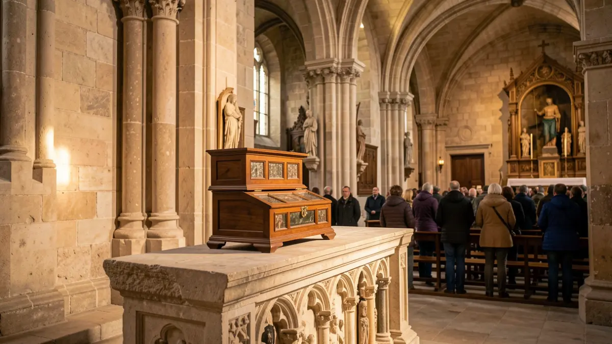 Reproducció d'una lipsanoteca medieval a l'altar d'una església romànica catalana.