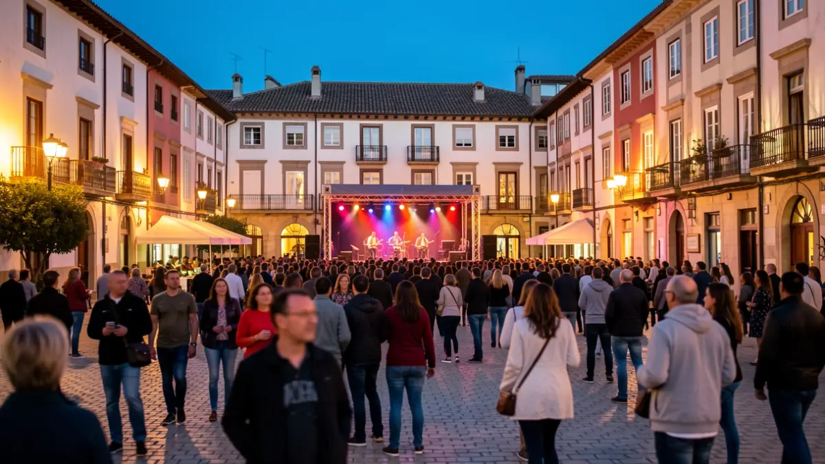 Imatge genèrica d'una plaça de poble català il·luminada per la nit, amb un escenari per a un concert.