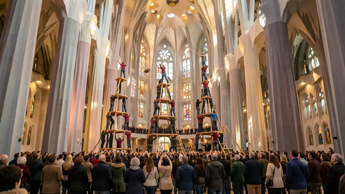 Dues torres humanes dels Xiquets de Valls construint castells a l'interior de la Sagrada Família.